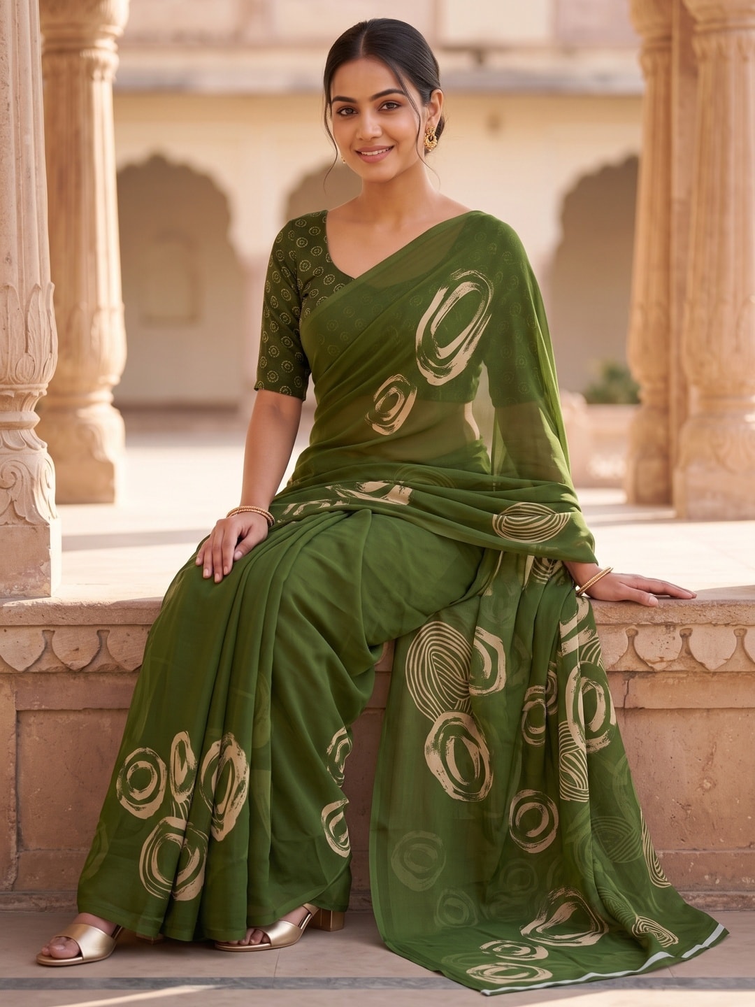 Peachmode Olive Green Abstract Rose Swirl Weightless Georgette Digital Printed Saree - Image 5