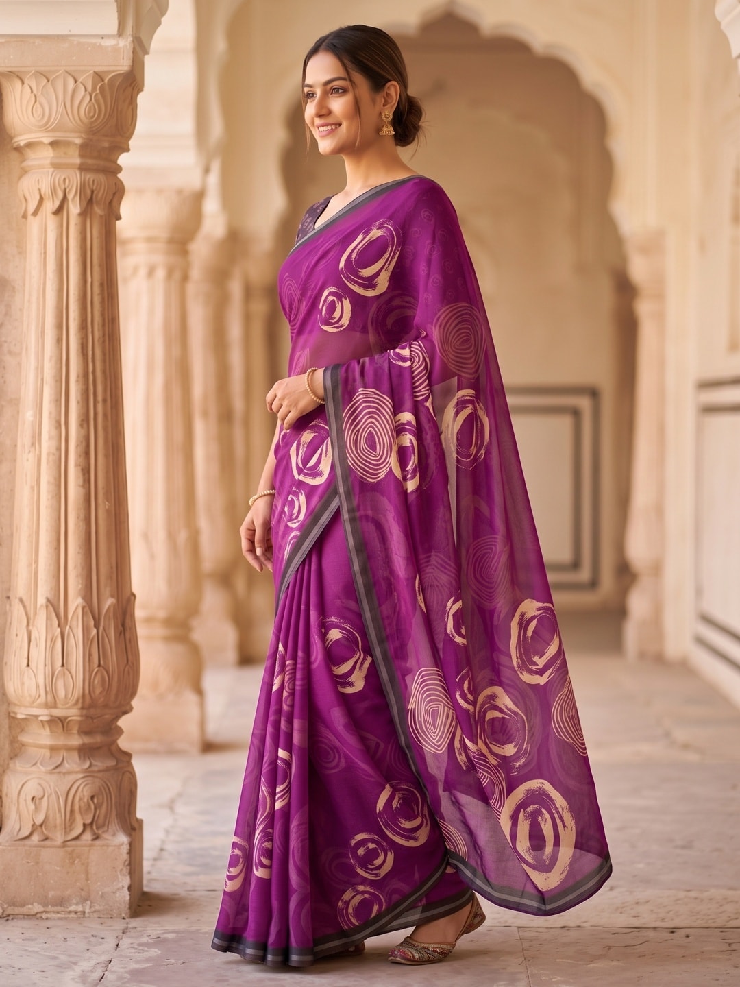 Peachmode Magenta Abstract Rose Swirl Weightless Georgette Digital Printed Saree - Image 2