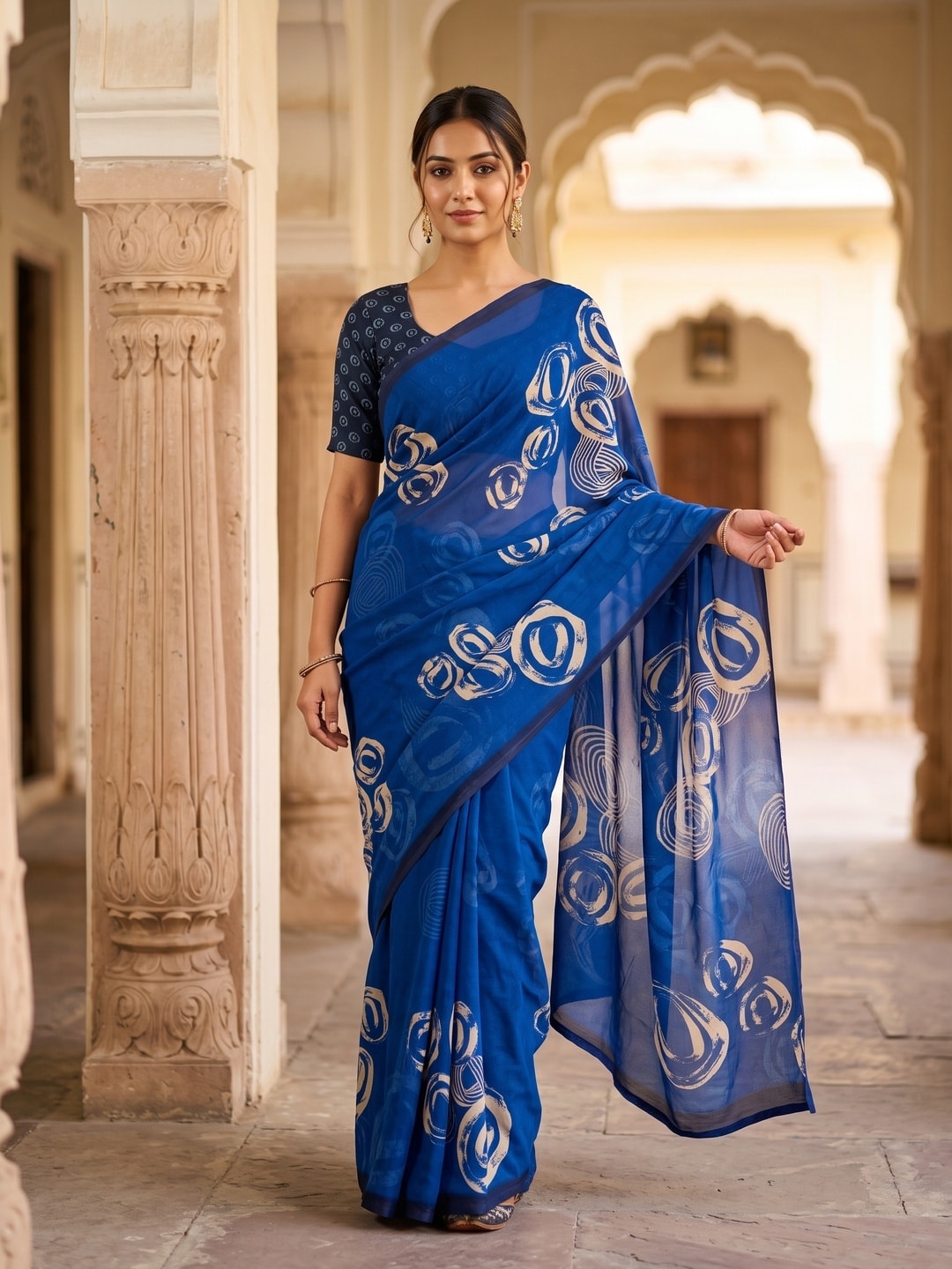 Peachmode Royal Blue Abstract Rose Swirl Weightless Georgette Digital Printed Saree - Image 1
