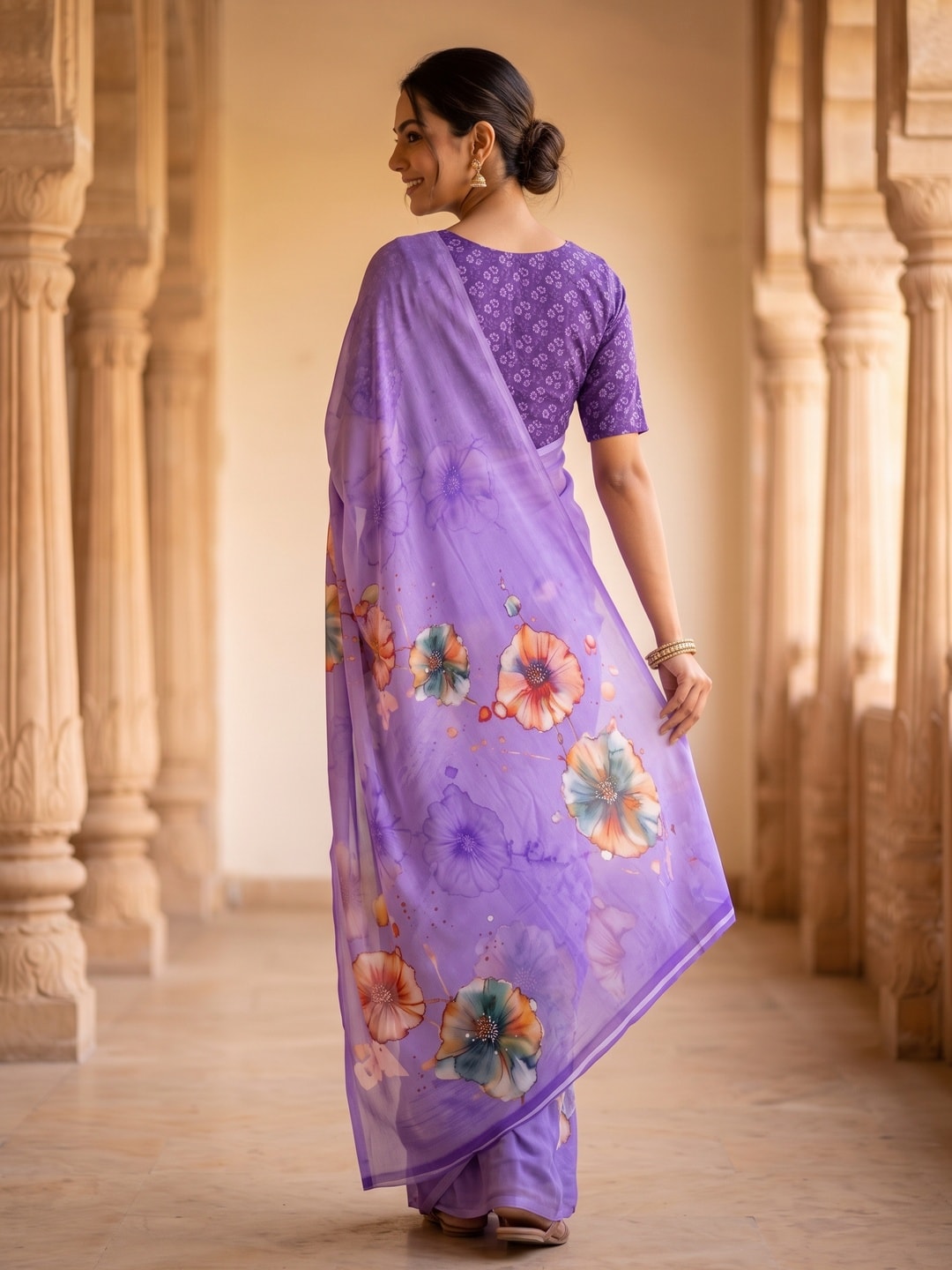 Peachmode Lavender Poppy Floral Weightless Georgette Digital Printed Saree - Image 4
