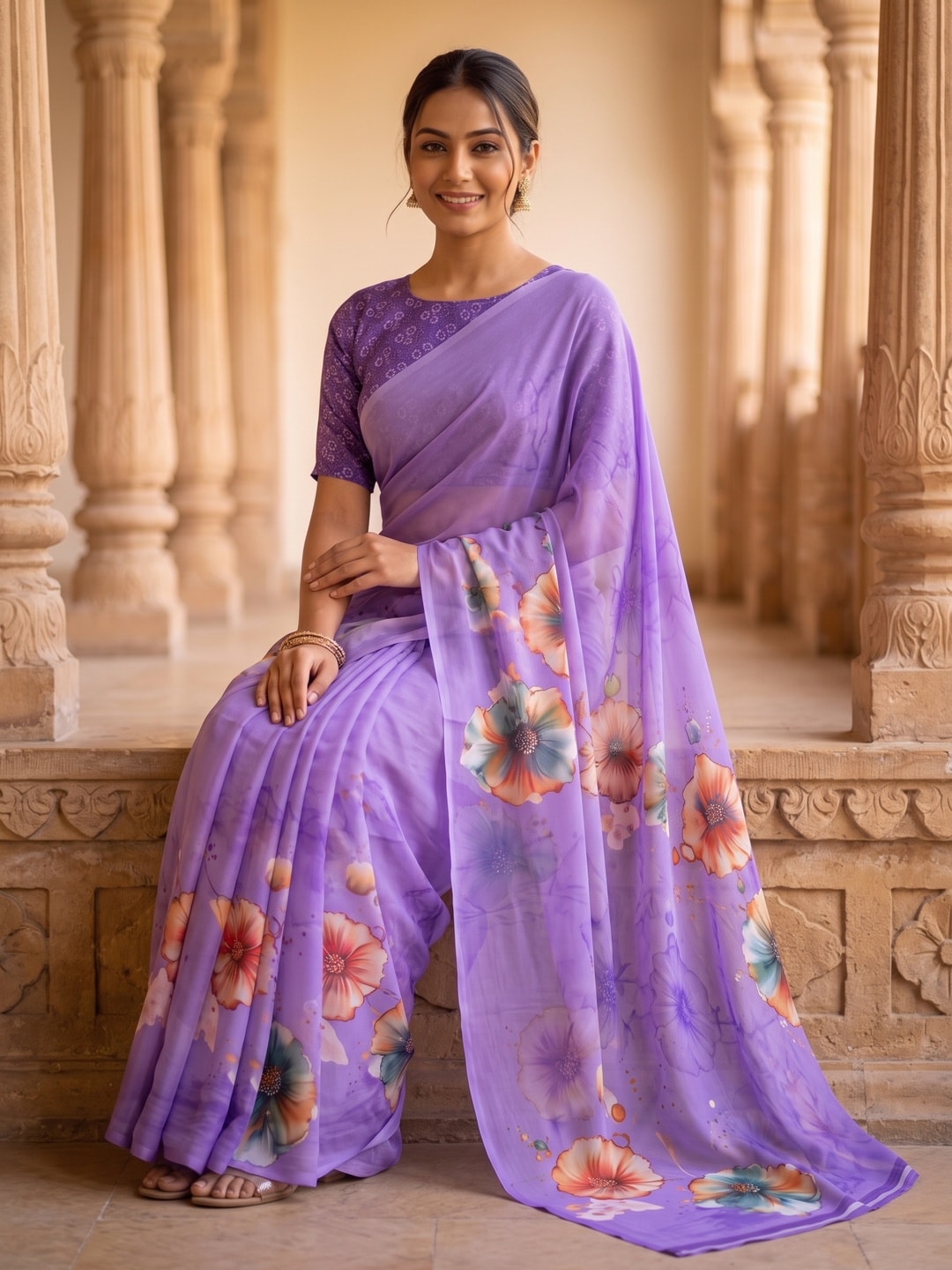 Peachmode Lavender Poppy Floral Weightless Georgette Digital Printed Saree - Image 5