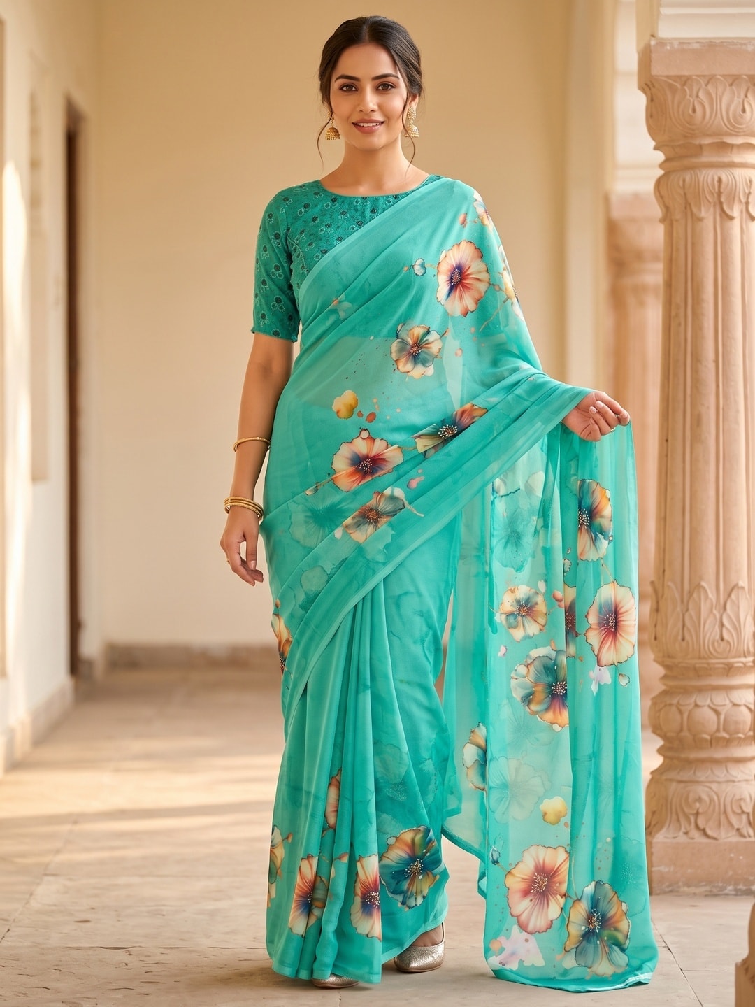 Peachmode Teal Poppy Floral Weightless Georgette Digital Printed Saree - Image 1