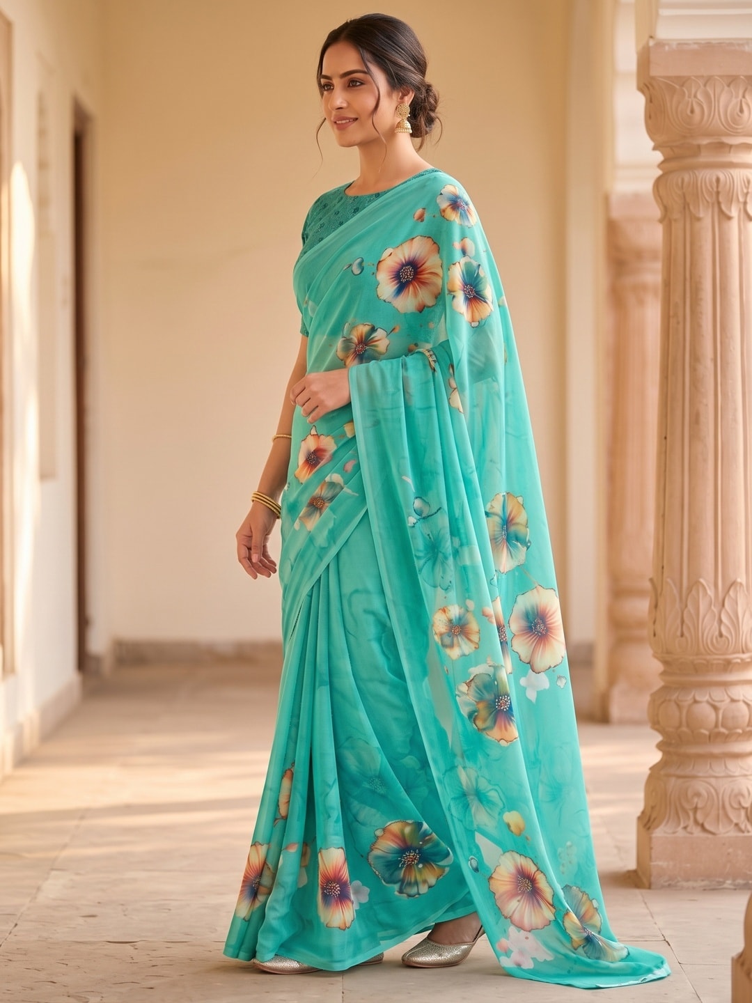 Peachmode Teal Poppy Floral Weightless Georgette Digital Printed Saree - Image 2