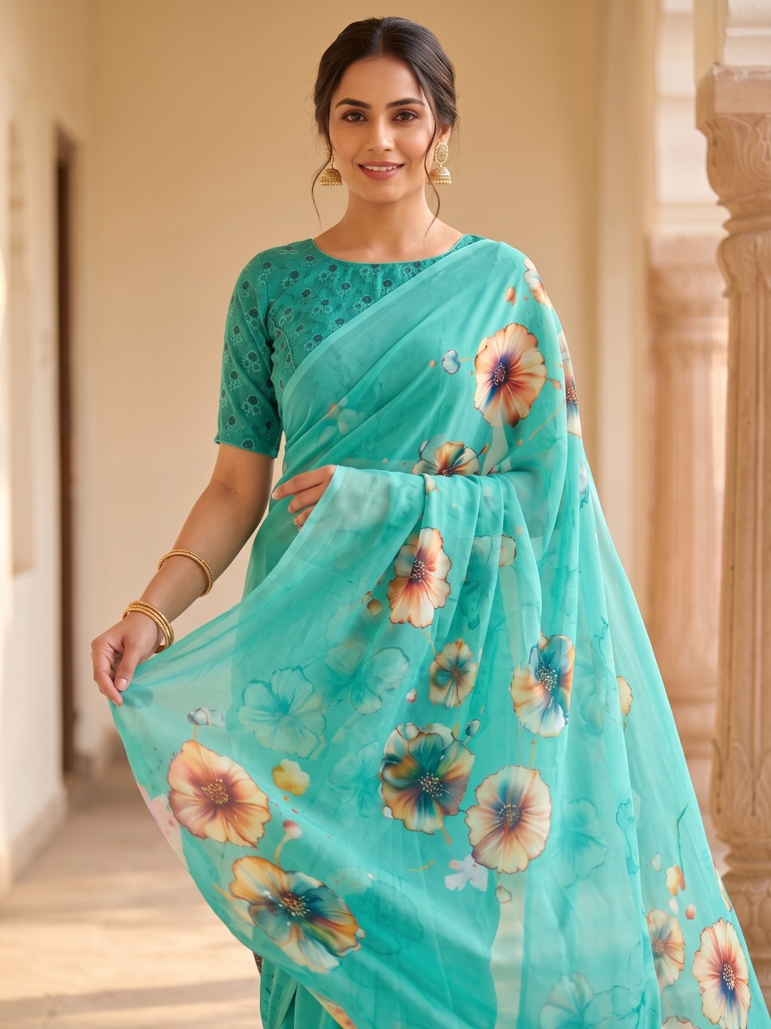 Peachmode Teal Poppy Floral Weightless Georgette Digital Printed Saree - Image 3