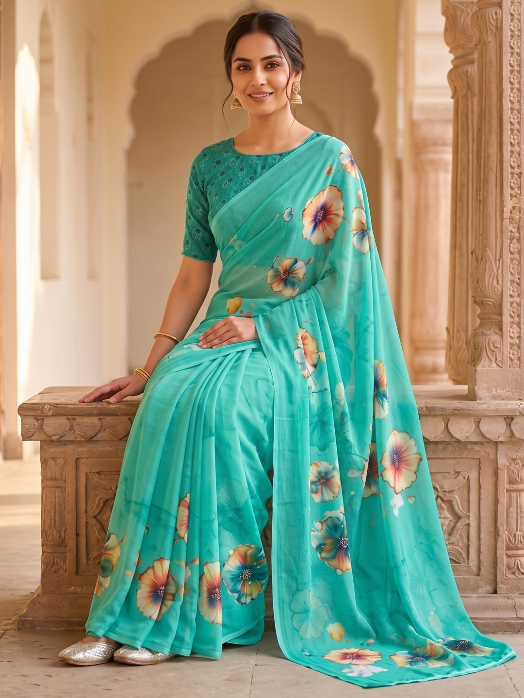 Peachmode Teal Poppy Floral Weightless Georgette Digital Printed Saree - Image 5