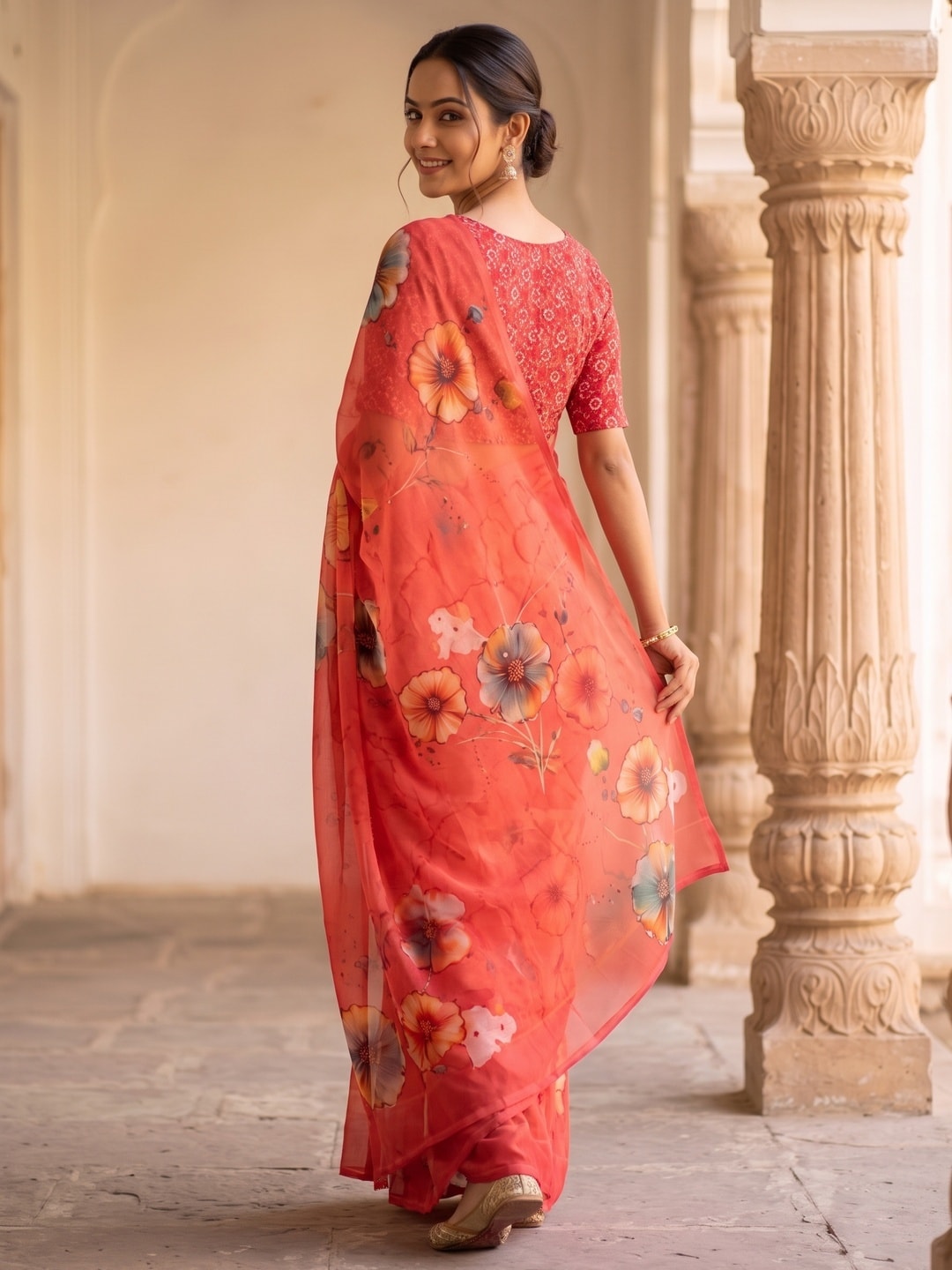 Peachmode Coral Poppy Floral Weightless Georgette Digital Printed Saree - Image 4