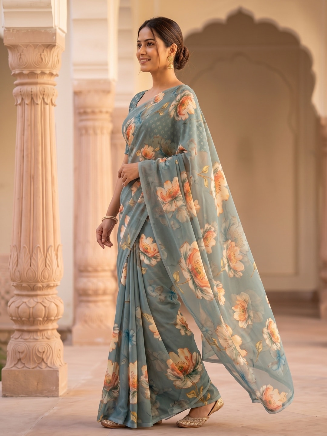 Peachmode Teal Peach Bloom Floral Weightless Georgette Digital Printed Saree - Image 2