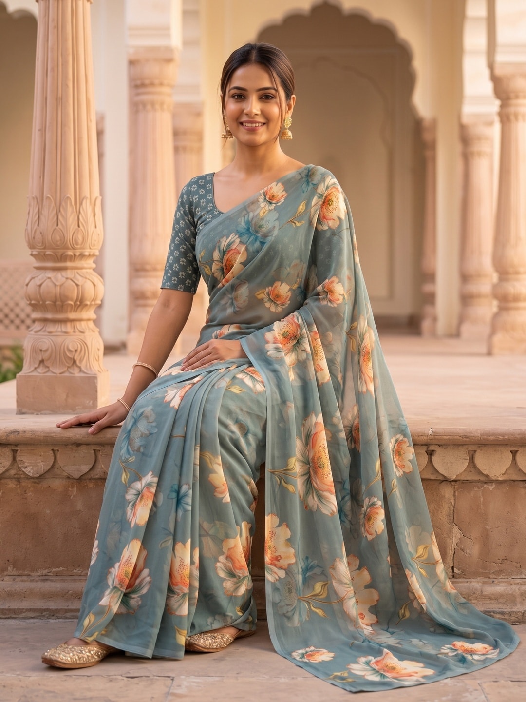 Peachmode Teal Peach Bloom Floral Weightless Georgette Digital Printed Saree - Image 5