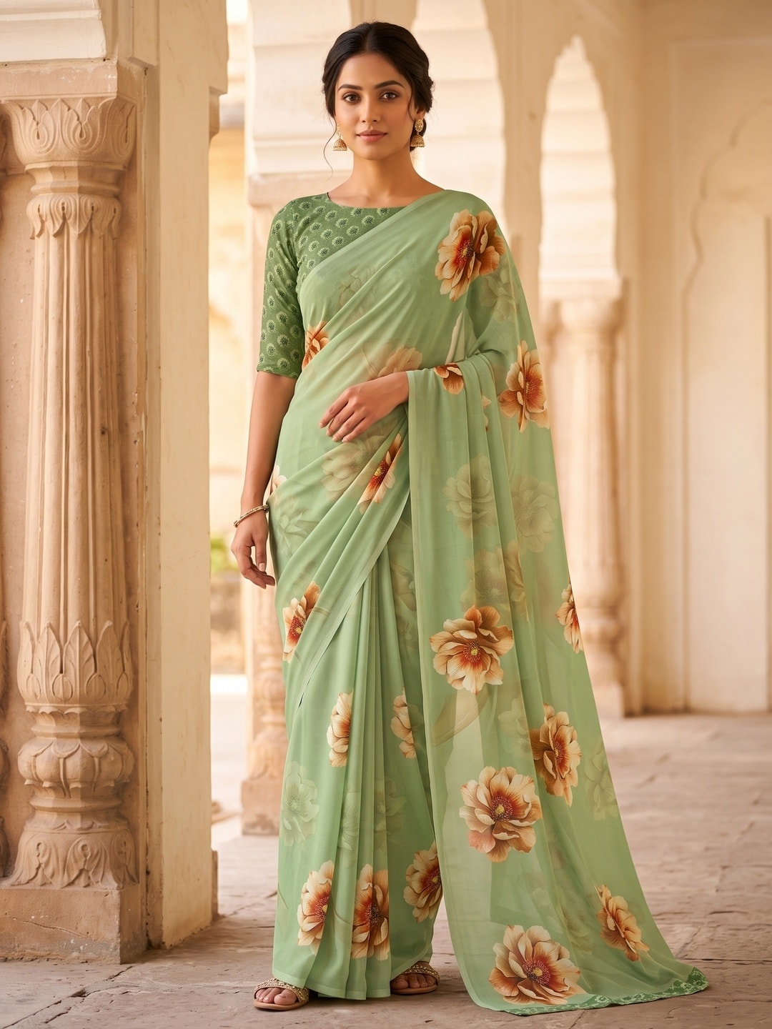 Peachmode Pista Green Peony Floral Weightless Georgette Digital Printed Saree - Image 1