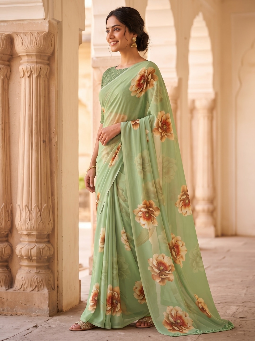 Peachmode Pista Green Peony Floral Weightless Georgette Digital Printed Saree - Image 3
