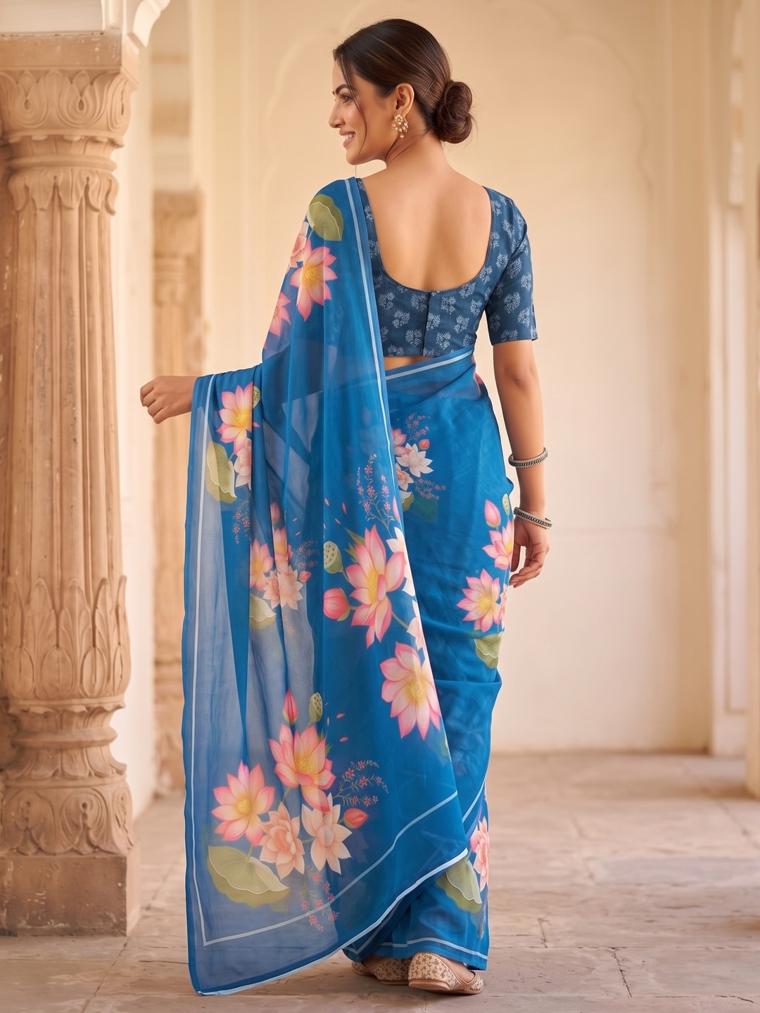 Peachmode Blue Lotus Floral Weightless Georgette Digital Printed Saree - Image 2