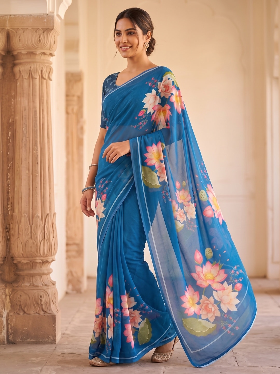 Peachmode Blue Lotus Floral Weightless Georgette Digital Printed Saree - Image 4