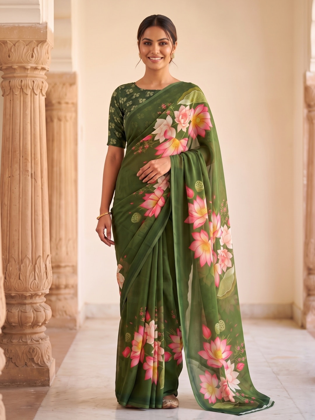 Peachmode Green Lotus Floral Weightless Georgette Digital Printed Saree - Image 1