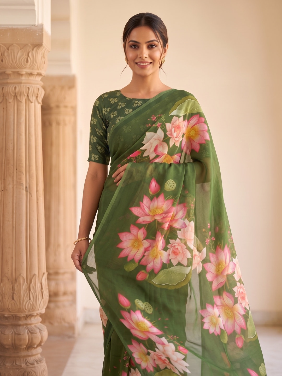 Peachmode Green Lotus Floral Weightless Georgette Digital Printed Saree - Image 2