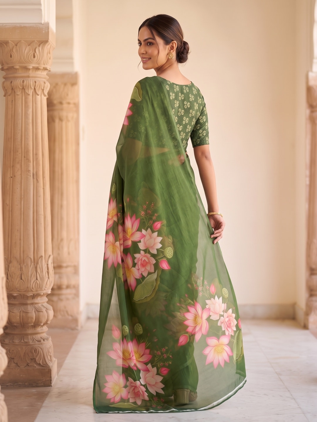 Peachmode Green Lotus Floral Weightless Georgette Digital Printed Saree - Image 3