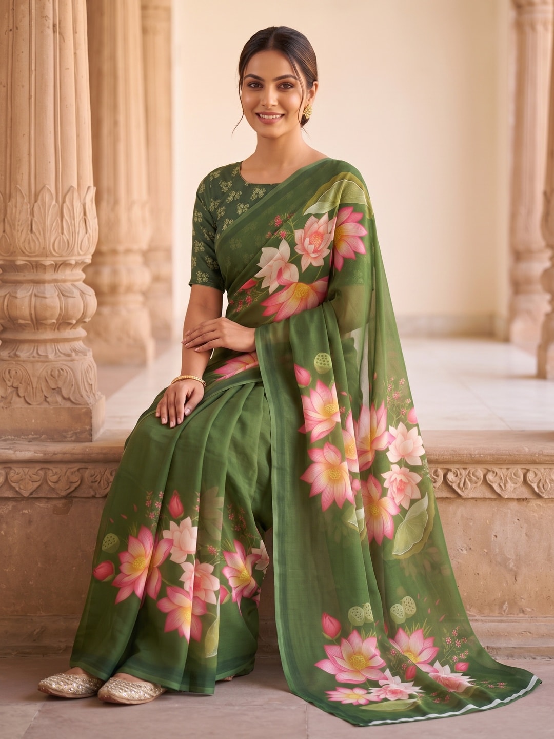 Peachmode Green Lotus Floral Weightless Georgette Digital Printed Saree - Image 4