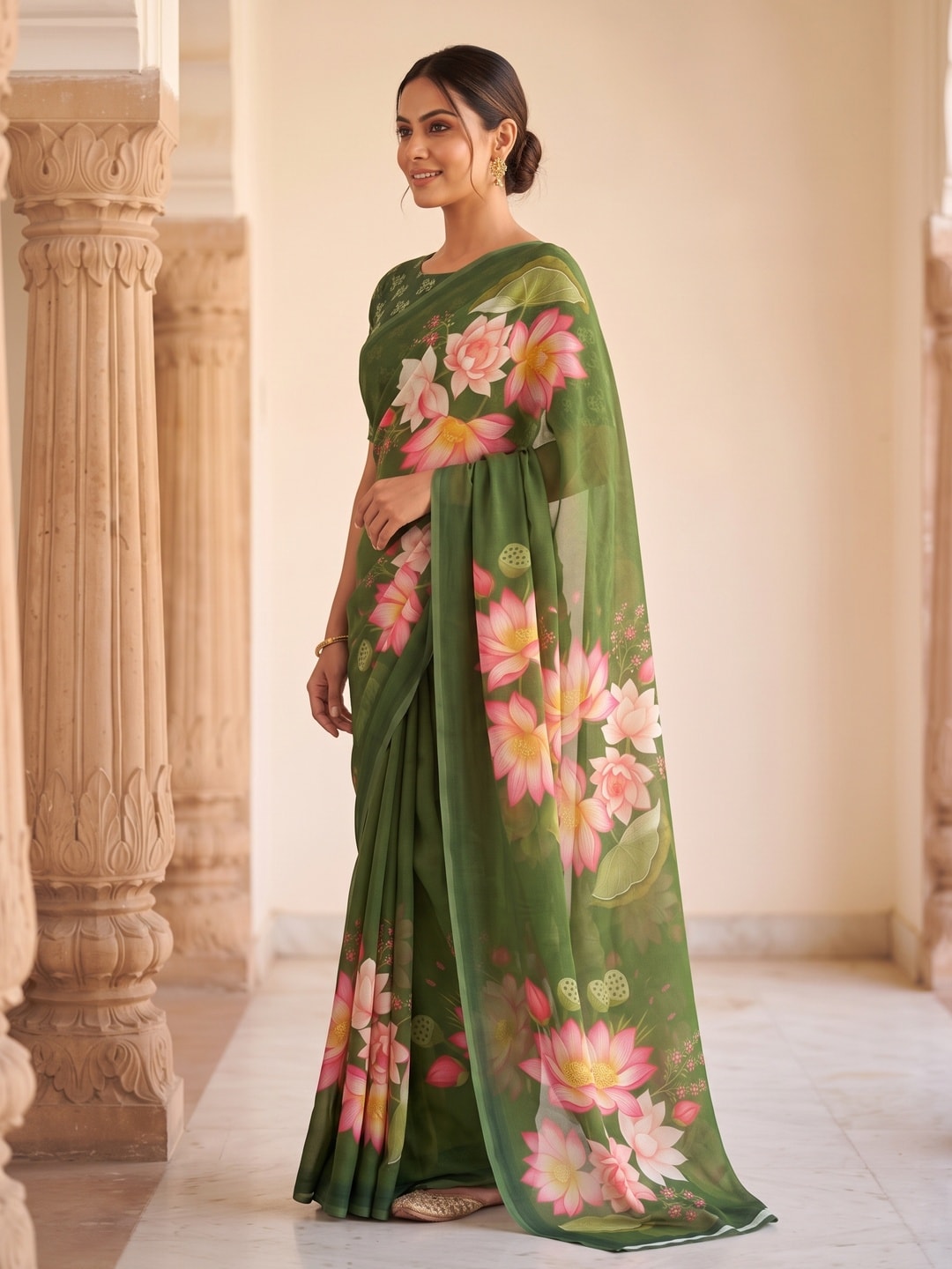 Peachmode Green Lotus Floral Weightless Georgette Digital Printed Saree - Image 5