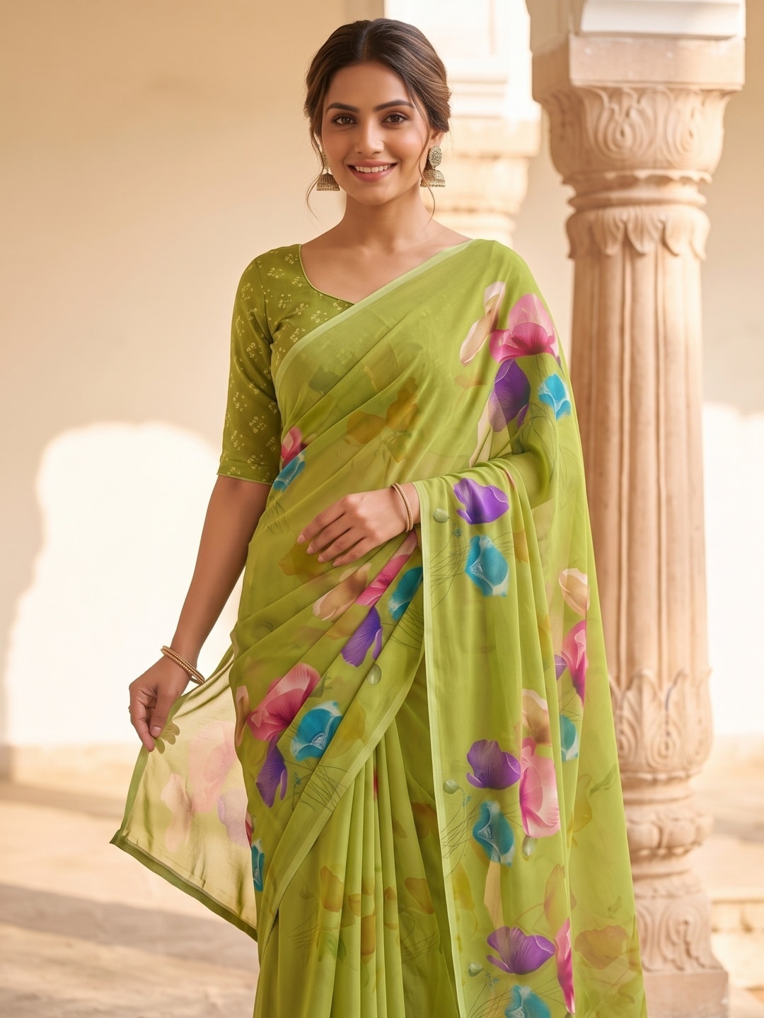 Peachmode Lime Green Watercolour Bloom Weightless Georgette Digital Printed Saree - Image 2