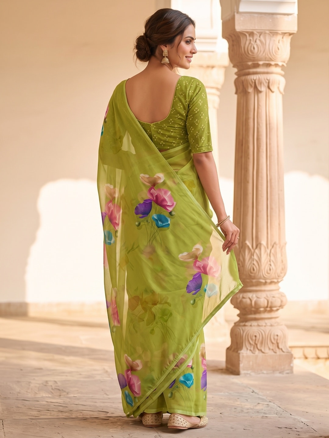 Peachmode Lime Green Watercolour Bloom Weightless Georgette Digital Printed Saree - Image 3