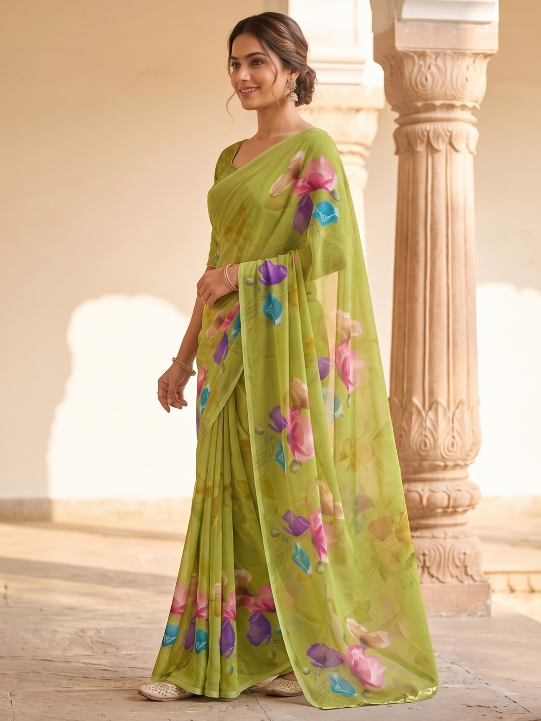 Peachmode Lime Green Watercolour Bloom Weightless Georgette Digital Printed Saree - Image 5