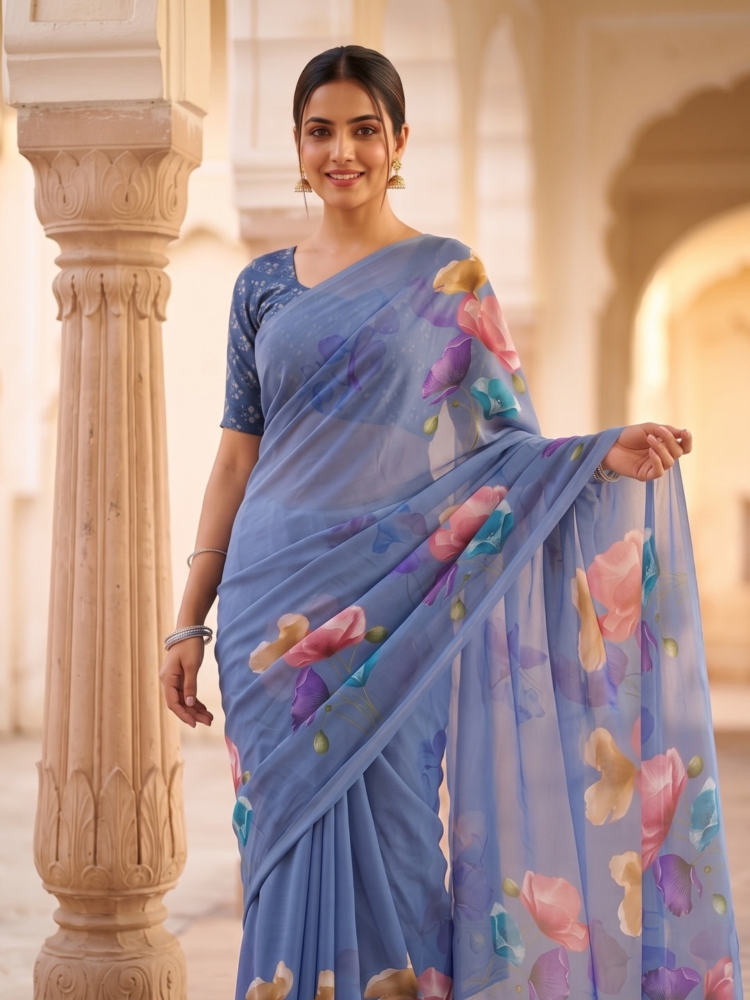 Peachmode Sky Blue Watercolour Bloom Weightless Georgette Digital Printed Saree - Image 2