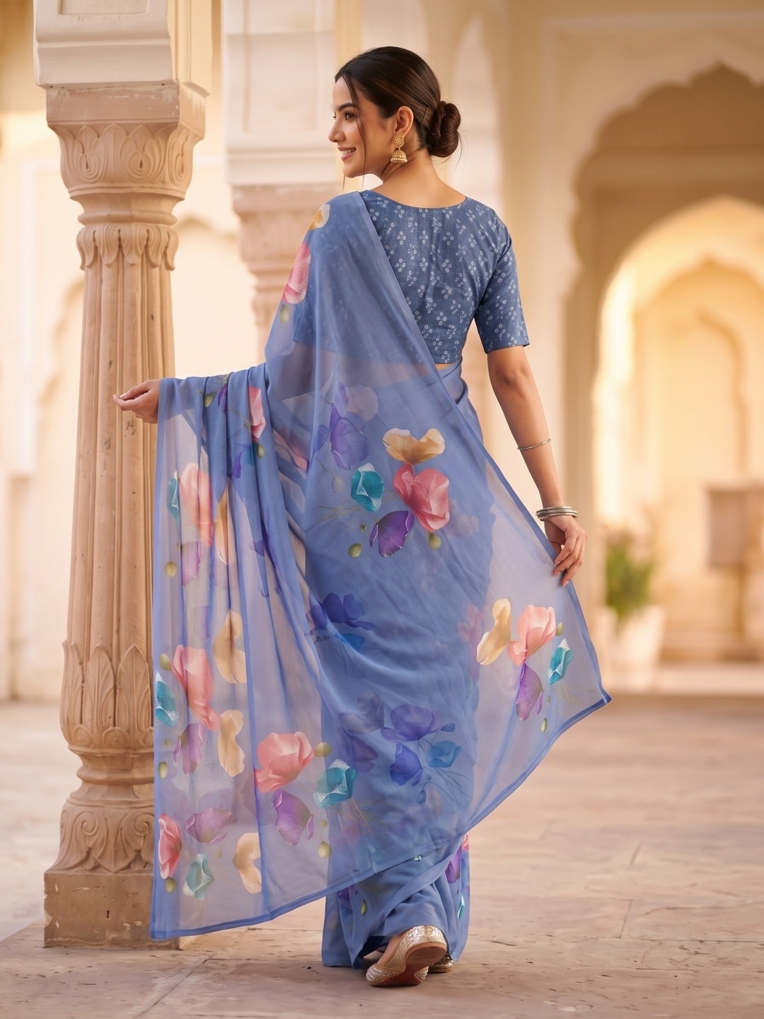 Peachmode Sky Blue Watercolour Bloom Weightless Georgette Digital Printed Saree - Image 3