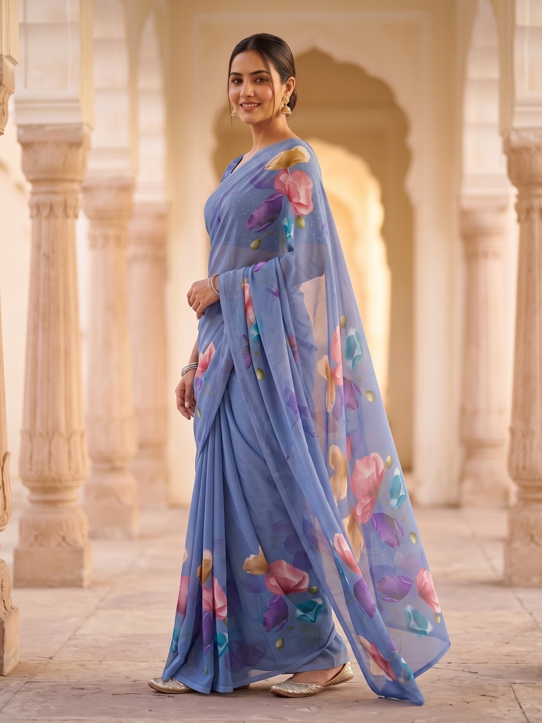 Peachmode Sky Blue Watercolour Bloom Weightless Georgette Digital Printed Saree - Image 5