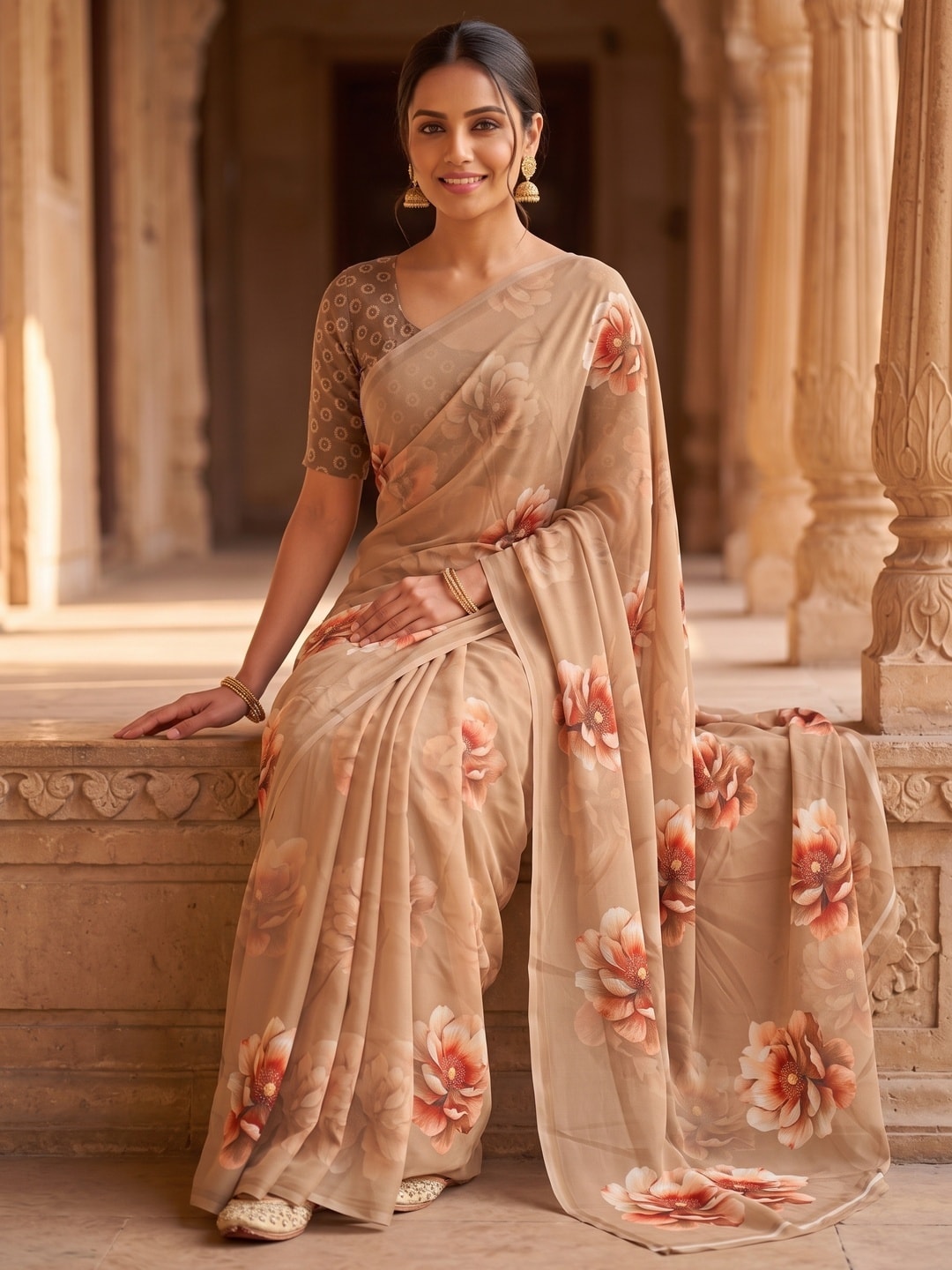 Peachmode Beige Peony Floral Weightless Georgette Digital Printed Saree - Image 2