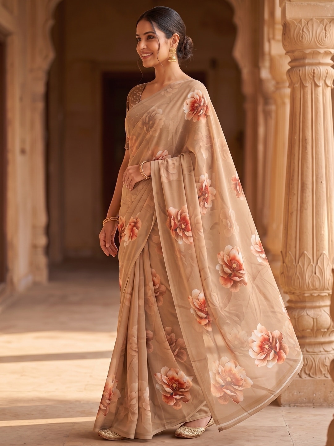 Peachmode Beige Peony Floral Weightless Georgette Digital Printed Saree - Image 3