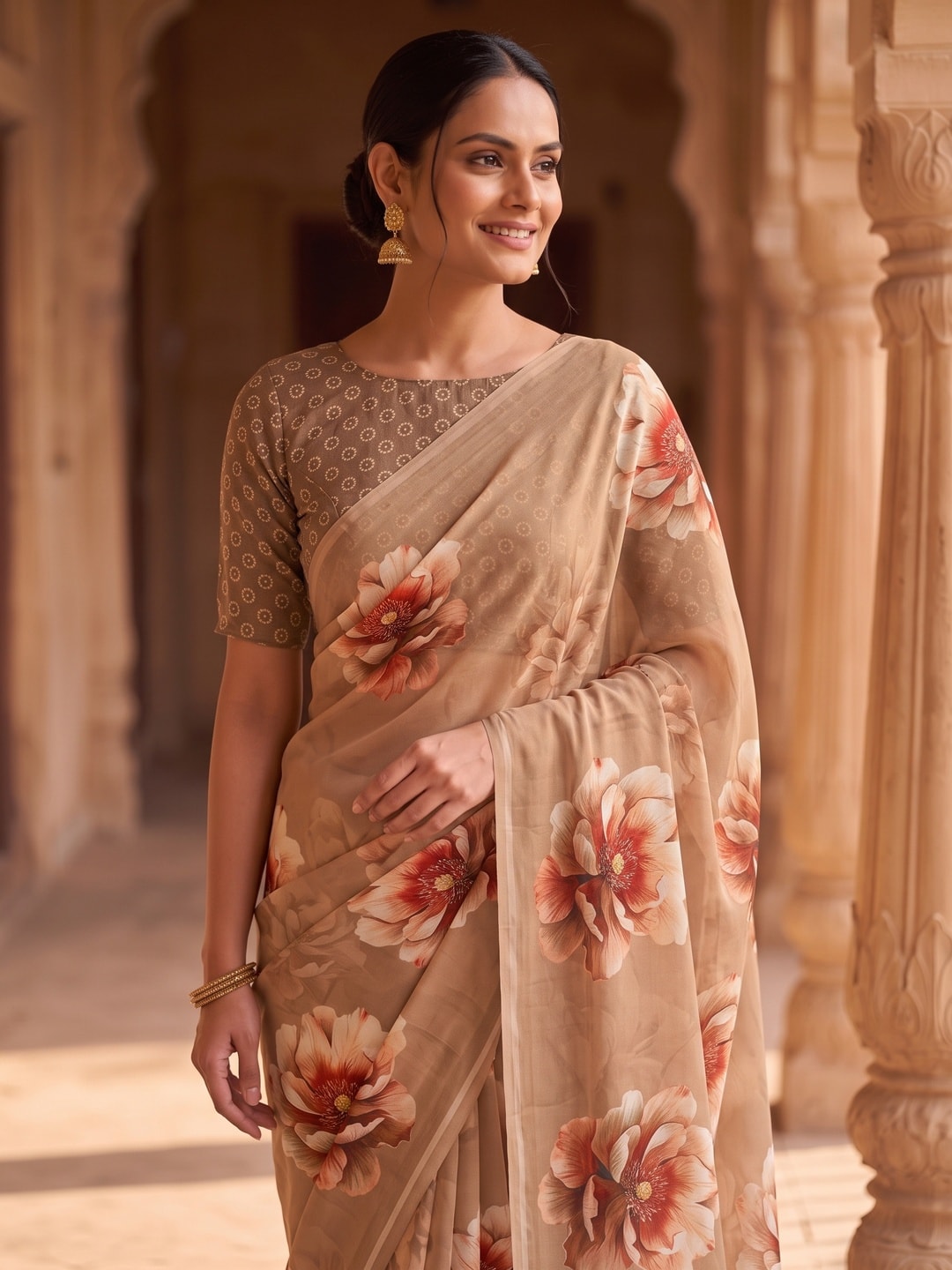 Peachmode Beige Peony Floral Weightless Georgette Digital Printed Saree - Image 5