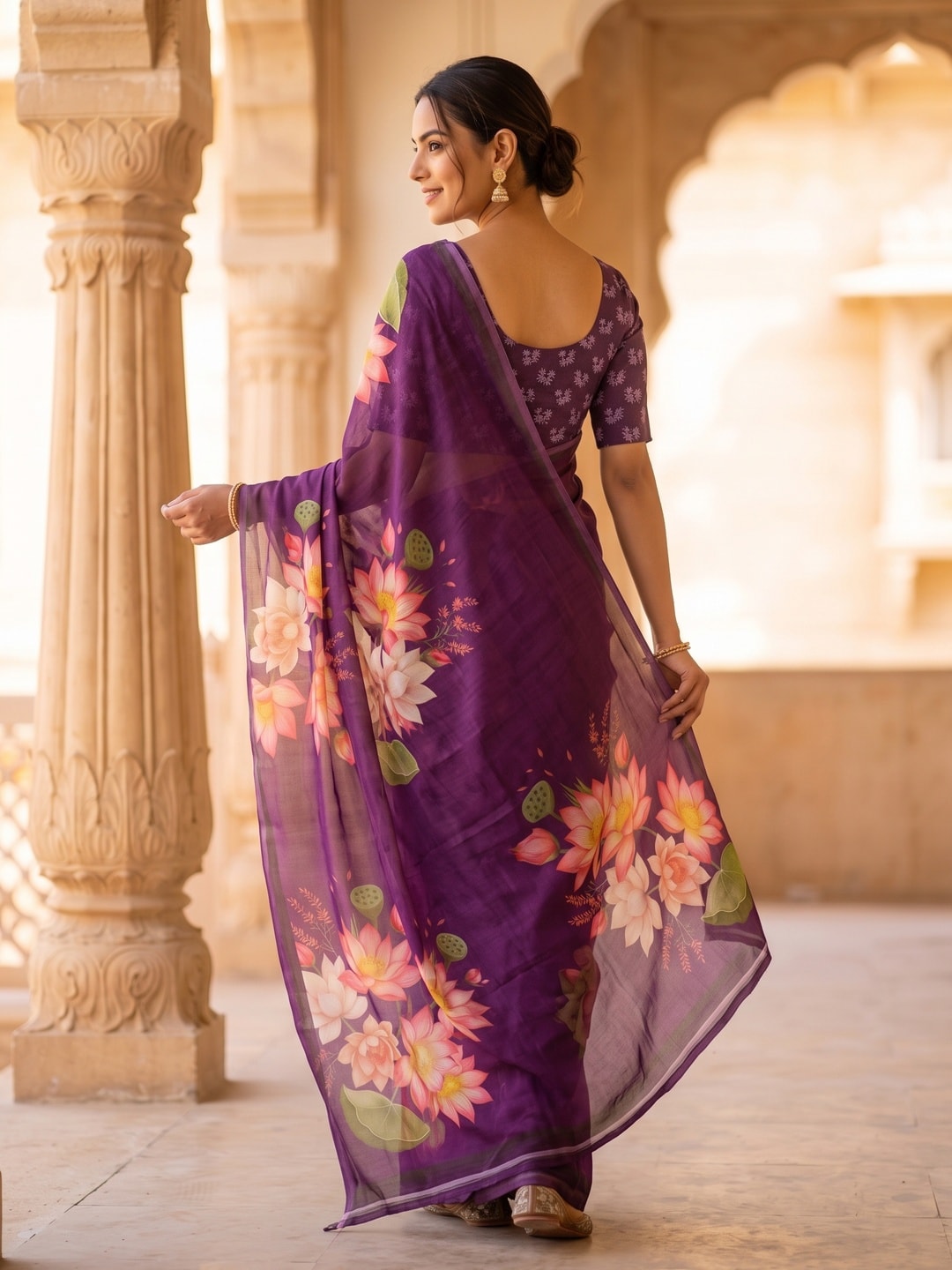 Peachmode Purple Lotus Floral Weightless Georgette Digital Printed Saree - Image 4