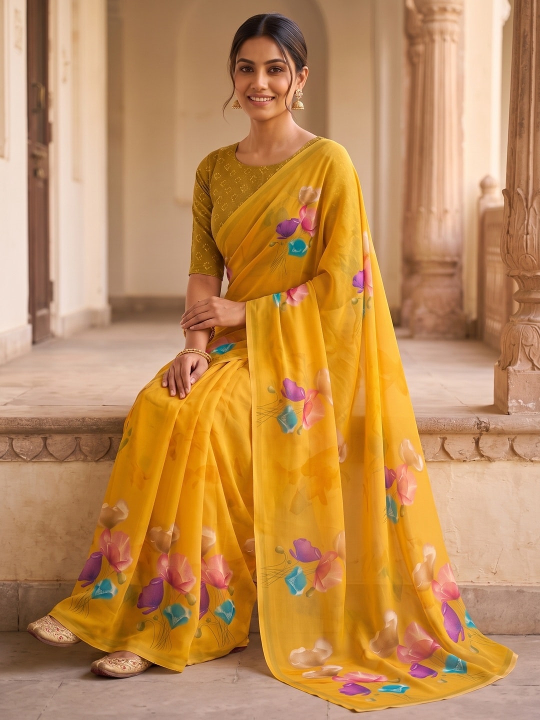 Peachmode Mustard Watercolour Bloom Weightless Georgette Digital Printed Saree - Image 2