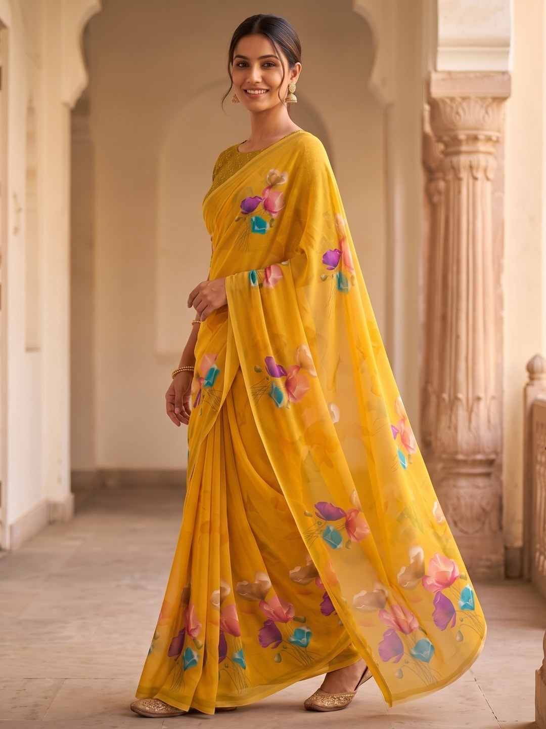 Peachmode Mustard Watercolour Bloom Weightless Georgette Digital Printed Saree - Image 3