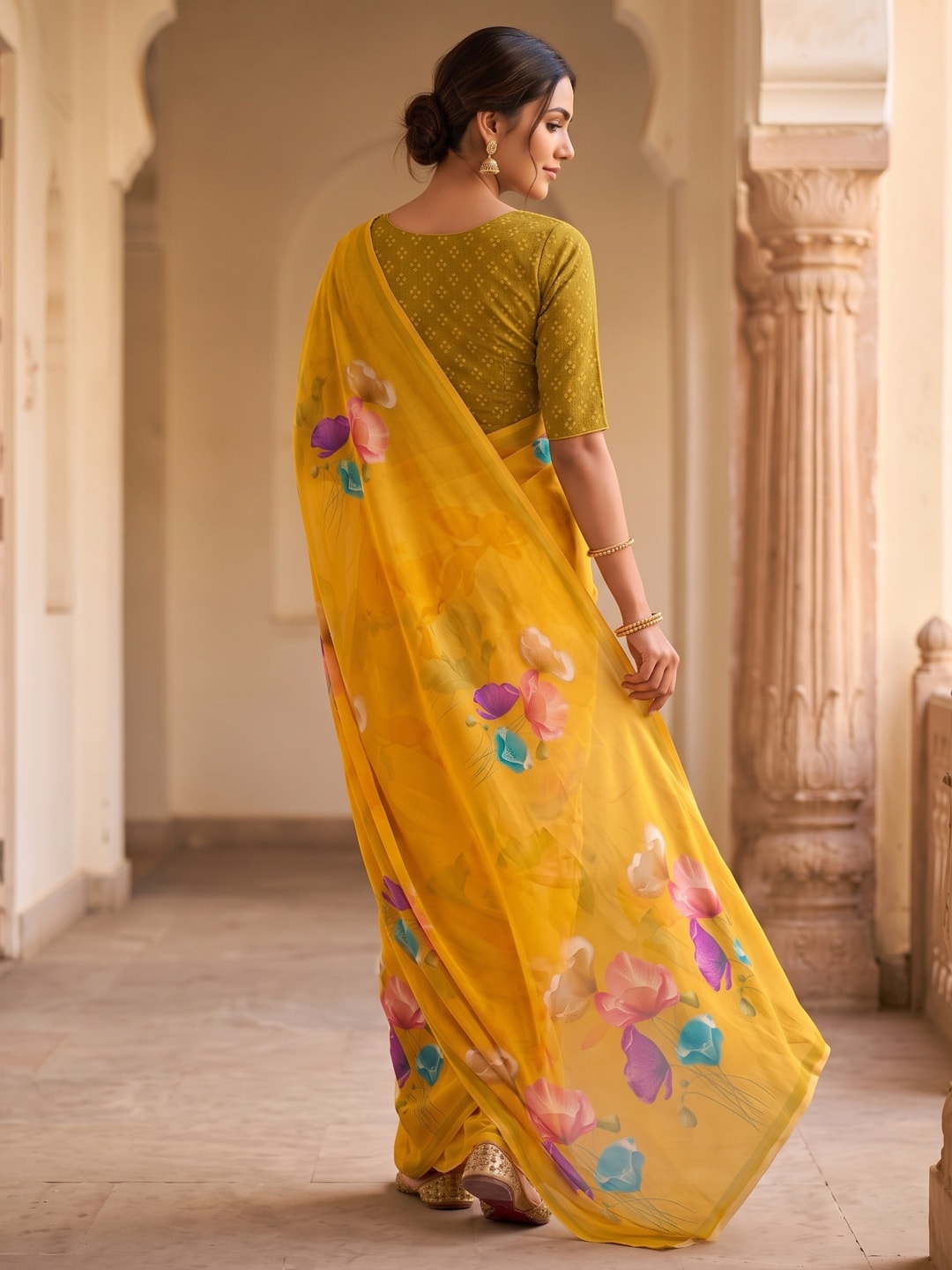 Peachmode Mustard Watercolour Bloom Weightless Georgette Digital Printed Saree - Image 4