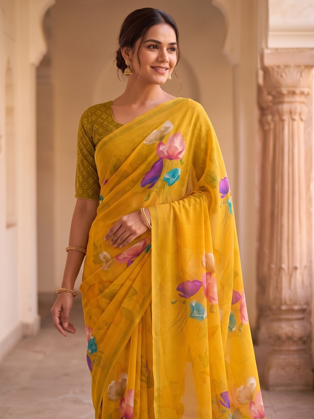 Peachmode Mustard Watercolour Bloom Weightless Georgette Digital Printed Saree - Image 5