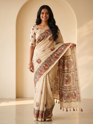 Peachmode Cream Pure Linen Chennur Print Saree With Thread Mirror Work And Tassels - Image 1
