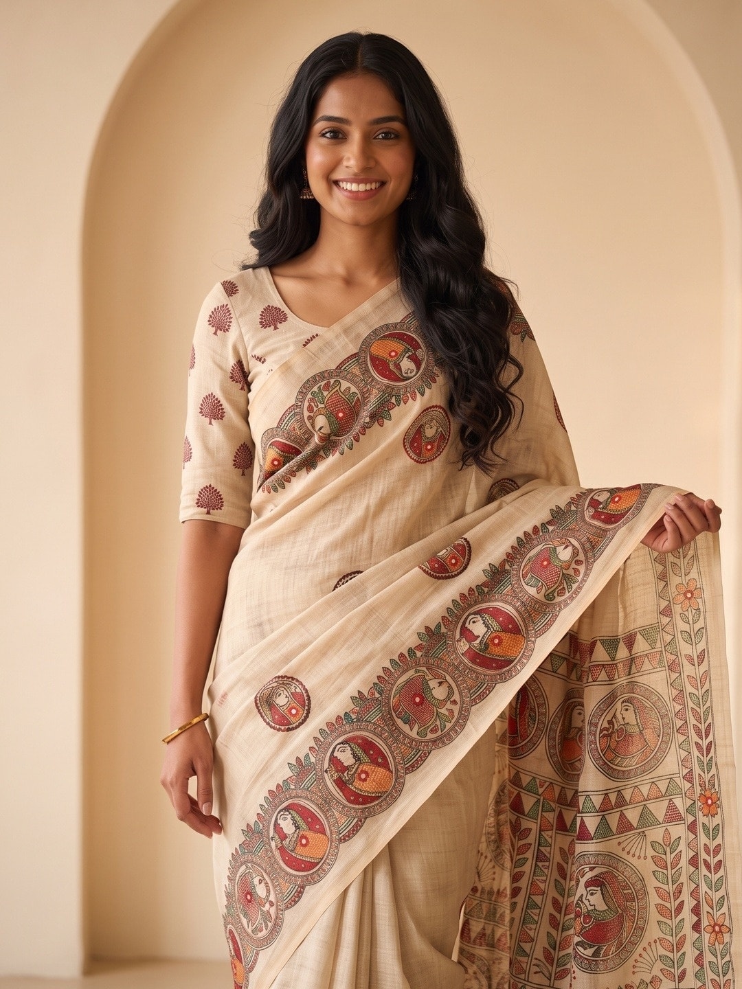 Peachmode Cream Pure Linen Chennur Print Saree With Thread Mirror Work And Tassels - Image 3