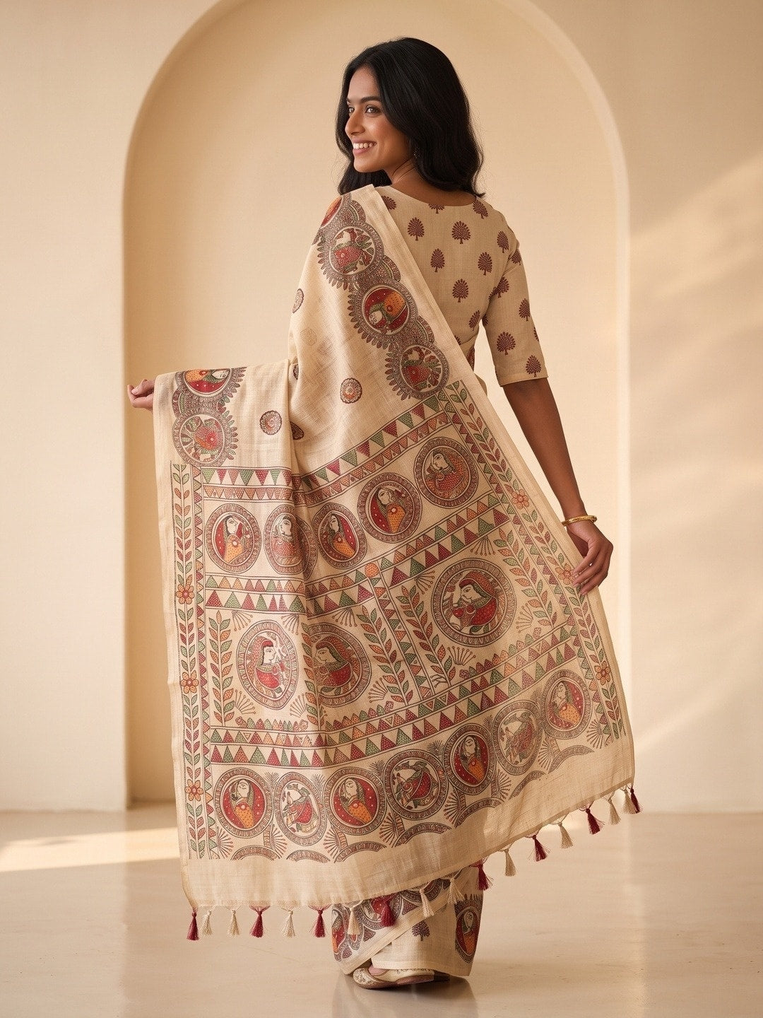 Peachmode Cream Pure Linen Chennur Print Saree With Thread Mirror Work And Tassels - Image 4