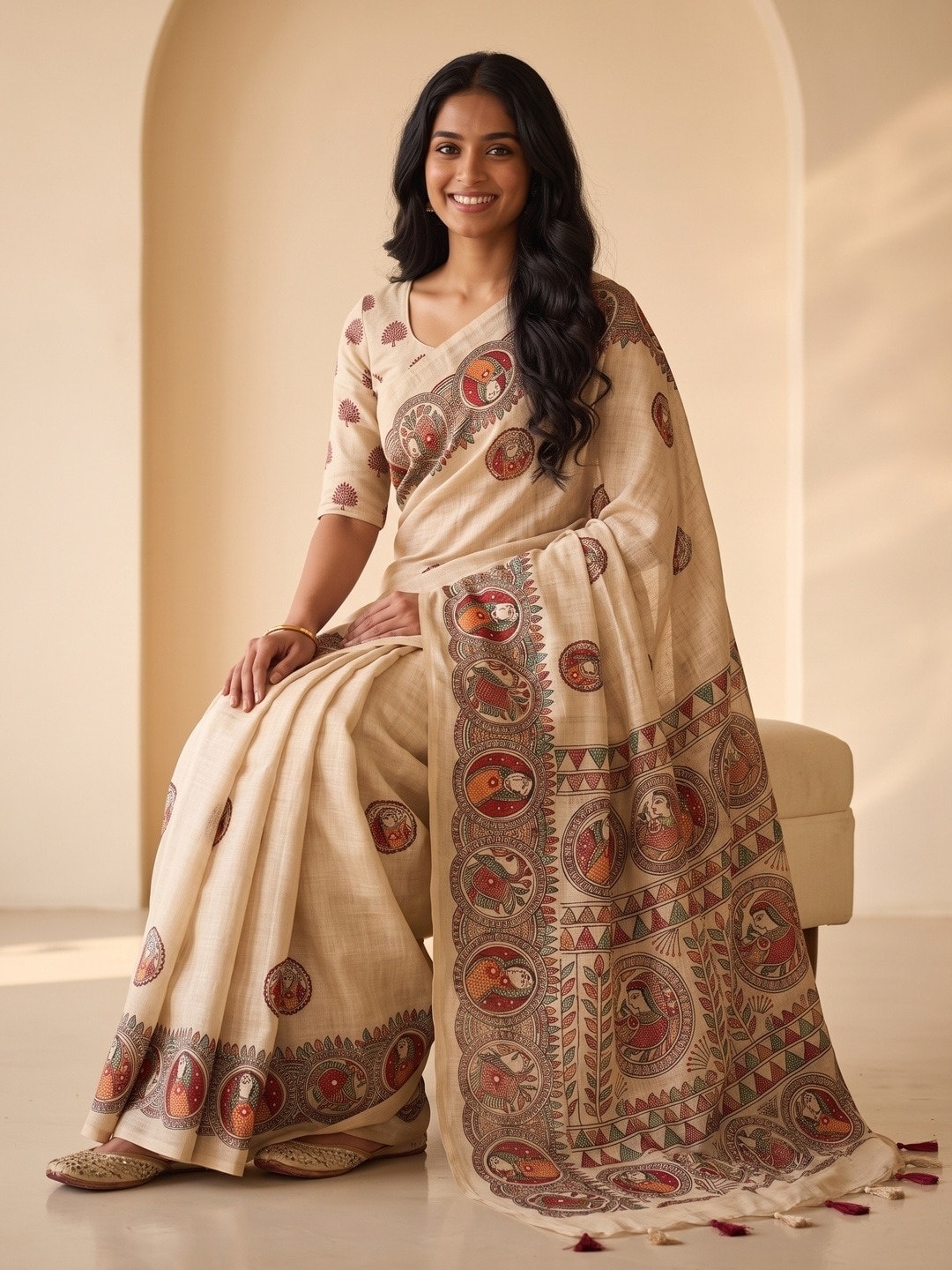 Peachmode Cream Pure Linen Chennur Print Saree With Thread Mirror Work And Tassels - Image 5