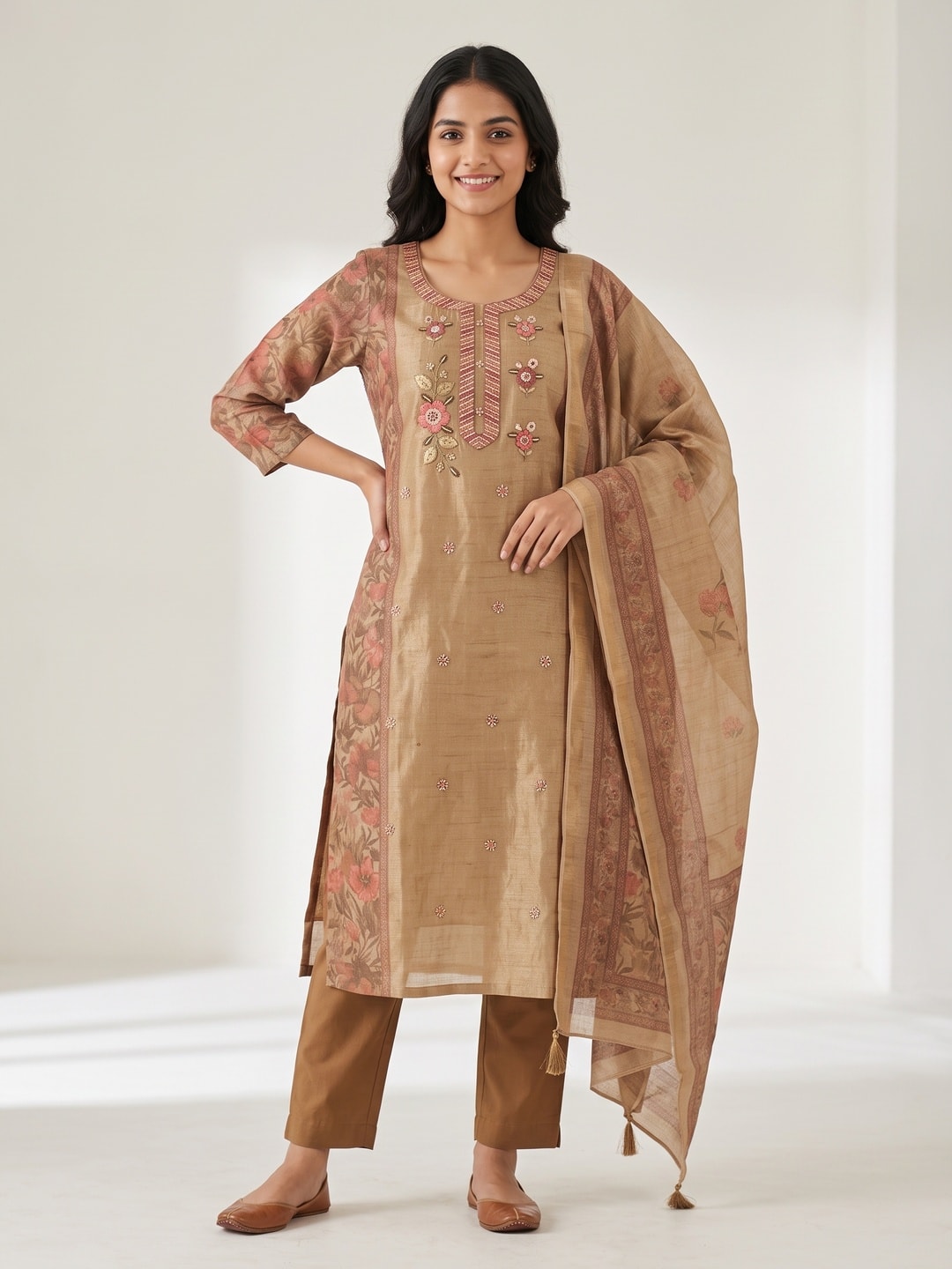 Peachmode Beige Linen Shimmer Digital Print Salwar Suit with Bead Embroidery - Image 1