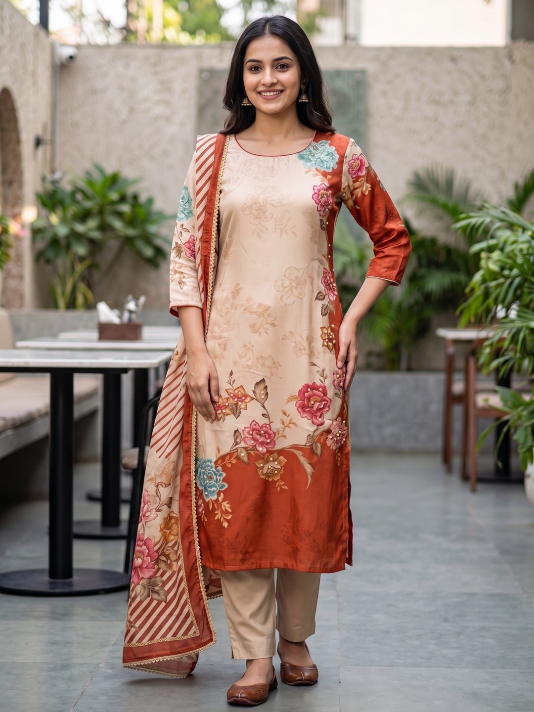 Peachmode Rust Beige Pure Muslin Printed Salwar Suit with Dupatta - Image 1