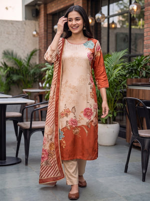 Peachmode Rust Beige Pure Muslin Printed Salwar Suit with Dupatta - Image 2