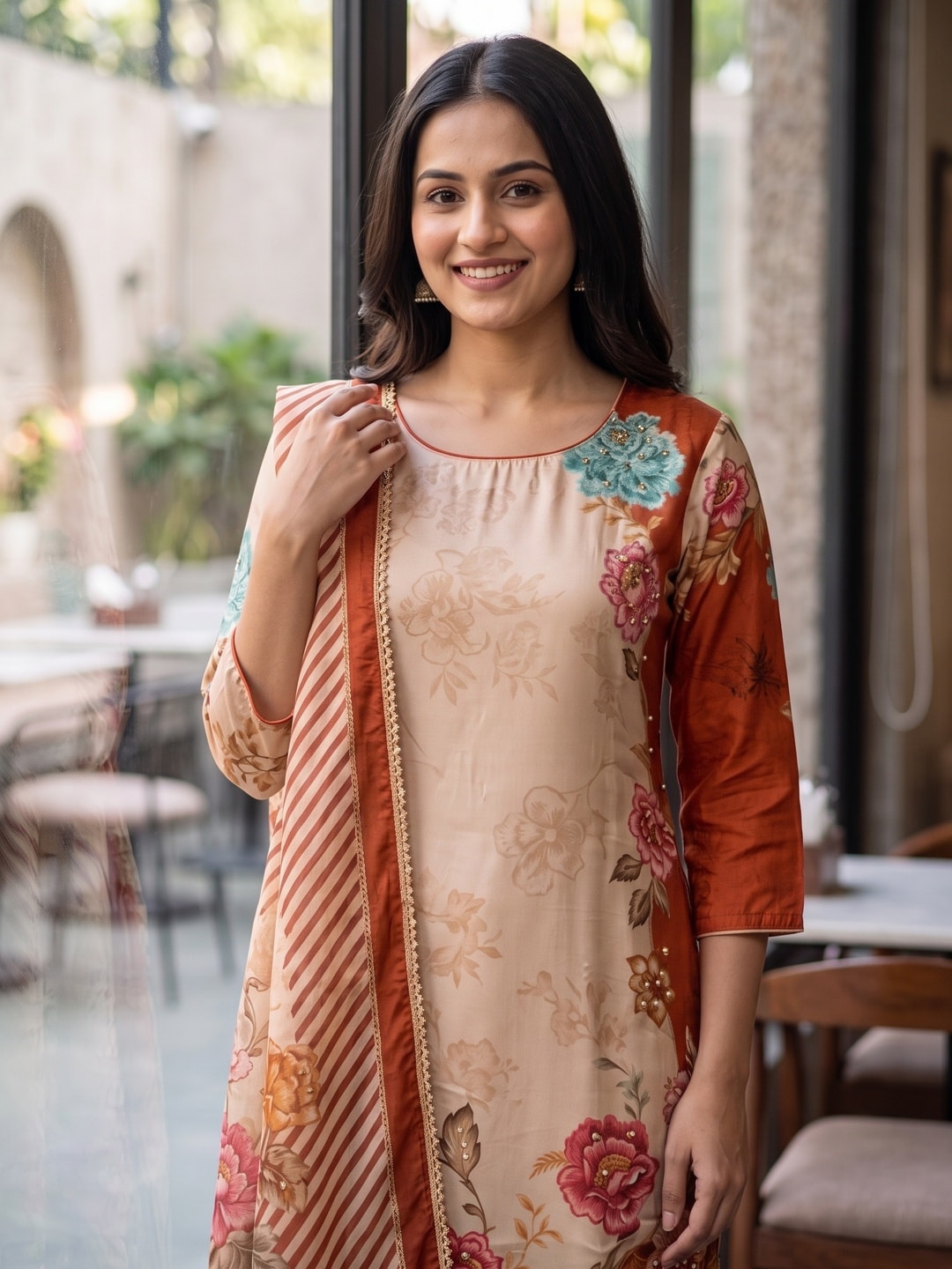 Peachmode Rust Beige Pure Muslin Printed Salwar Suit with Dupatta - Image 5