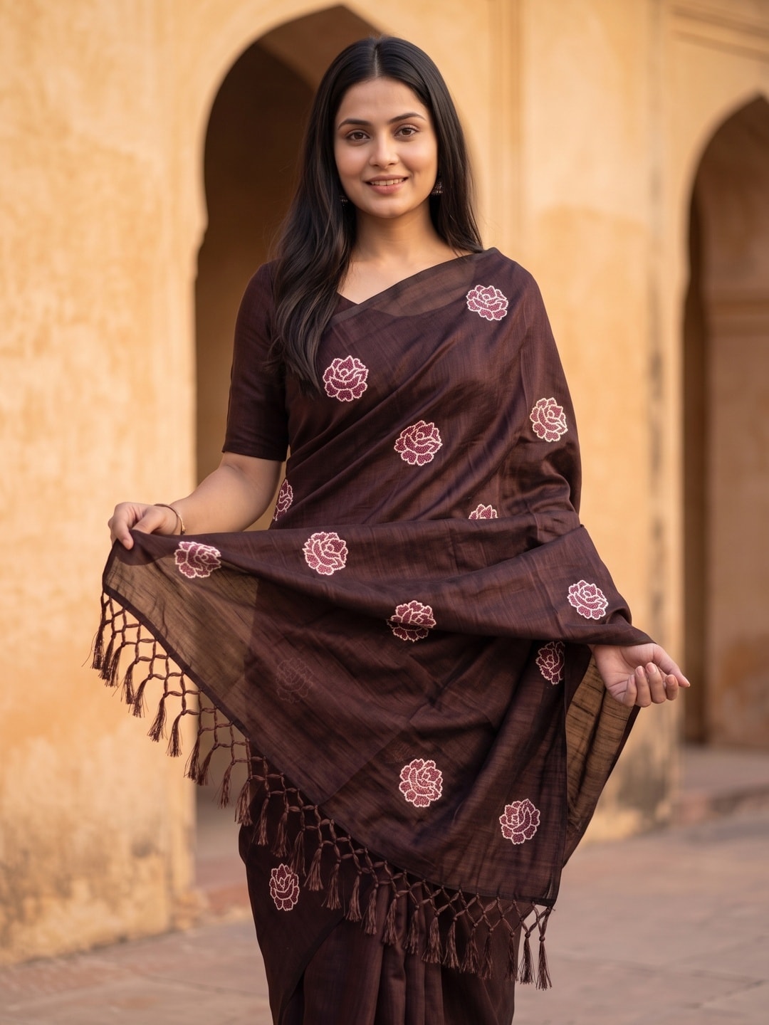 Peachmode Brown Rose Embroidered Vichitra Silk Saree - Image 3