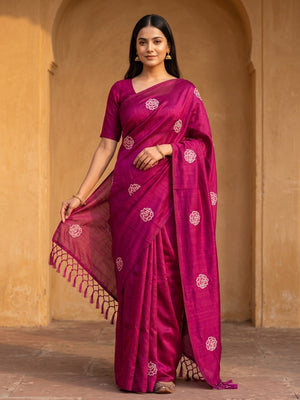 Peachmode Magenta Rose Embroidered Vichitra Silk Saree - Image 1