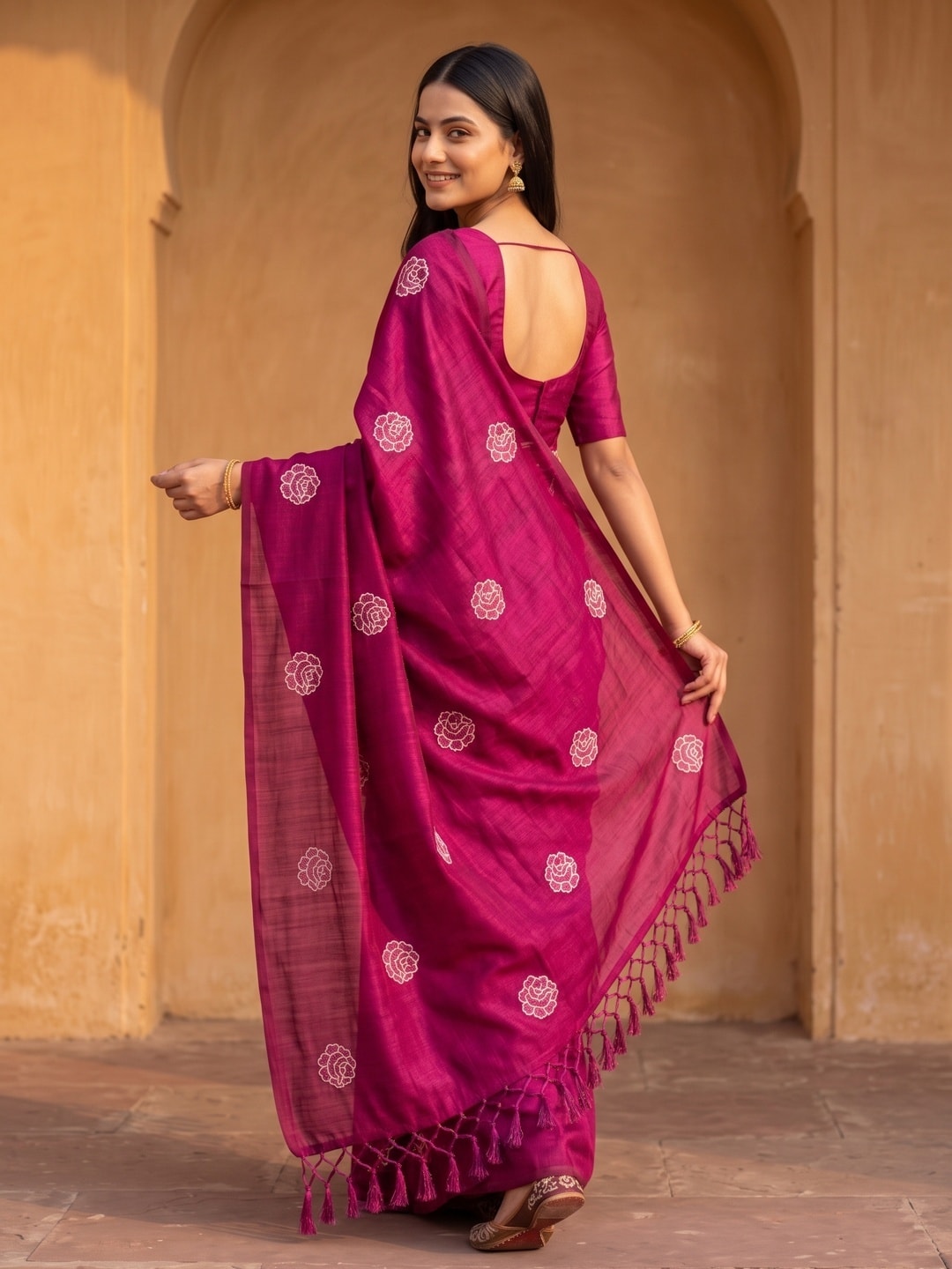 Peachmode Magenta Rose Embroidered Vichitra Silk Saree - Image 4
