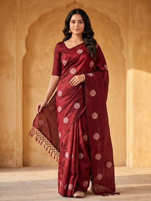 Peachmode Maroon Rose Embroidered Vichitra Silk Saree - Image 1