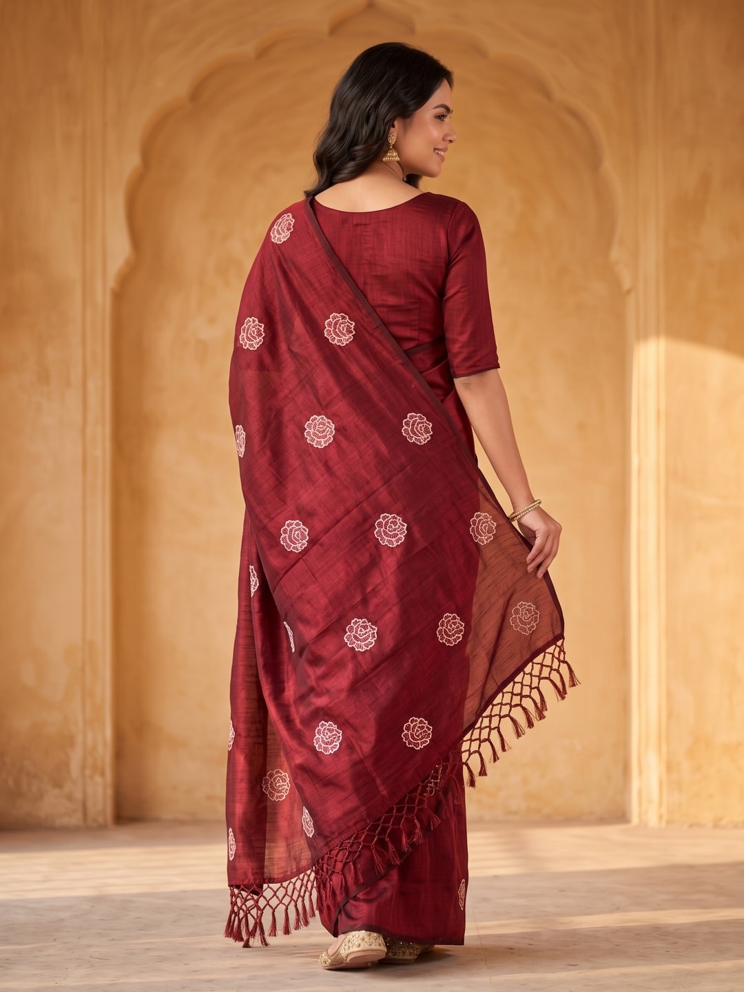Peachmode Maroon Rose Embroidered Vichitra Silk Saree - Image 4