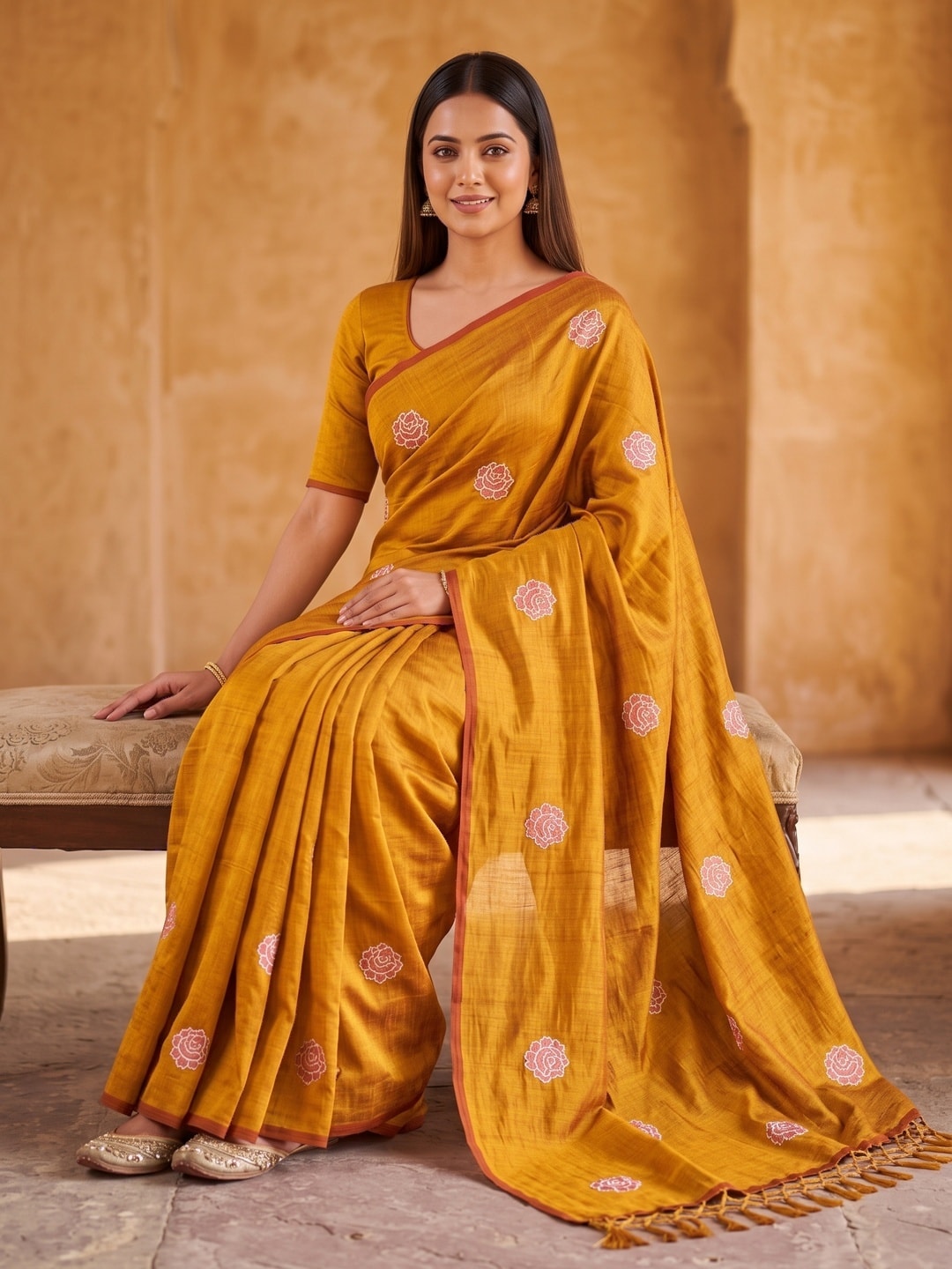 Peachmode Mustard Rose Embroidered Vichitra Silk Saree - Image 5