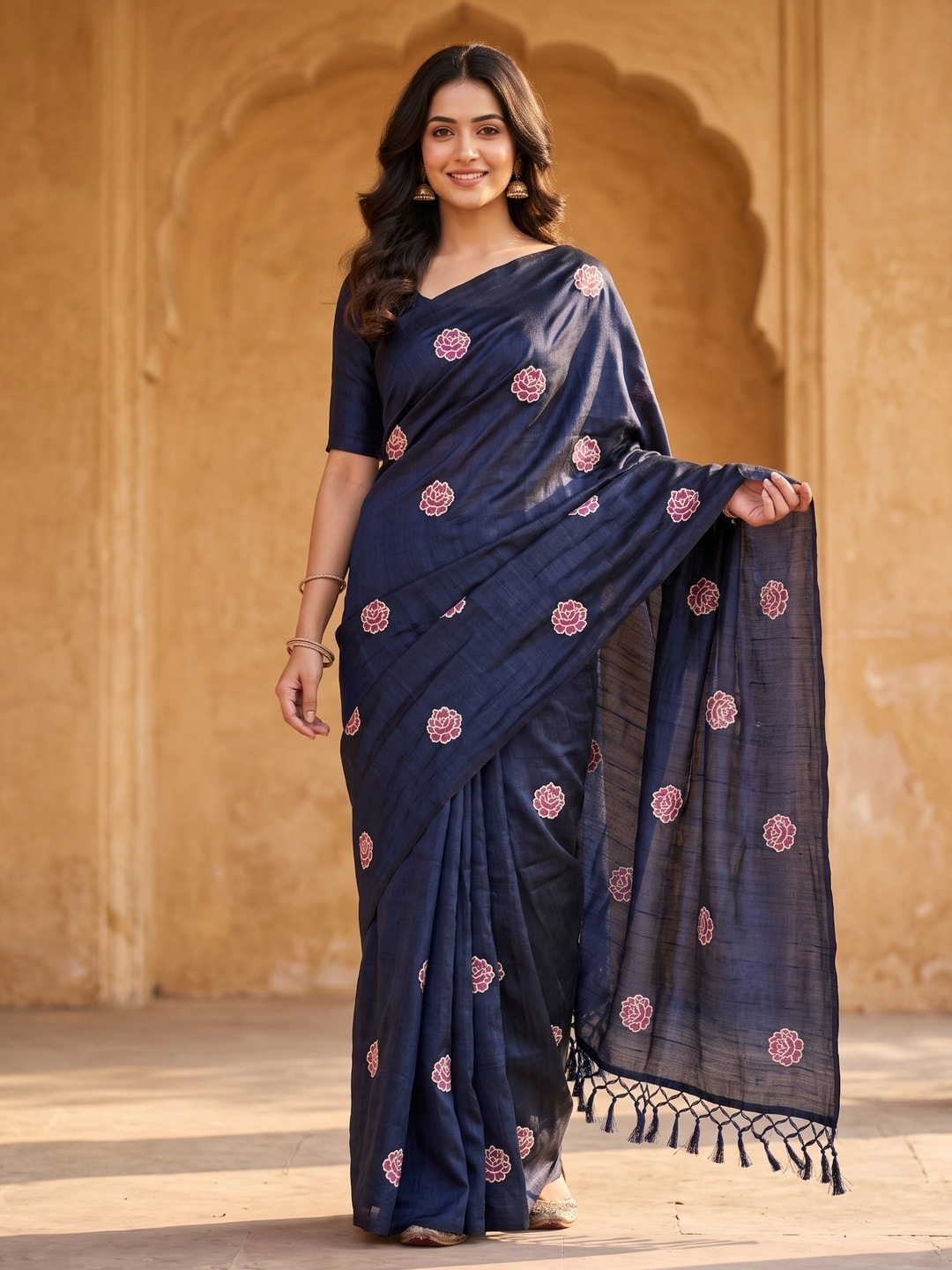 Peachmode Navy Blue Rose Embroidered Vichitra Silk Saree - Image 1